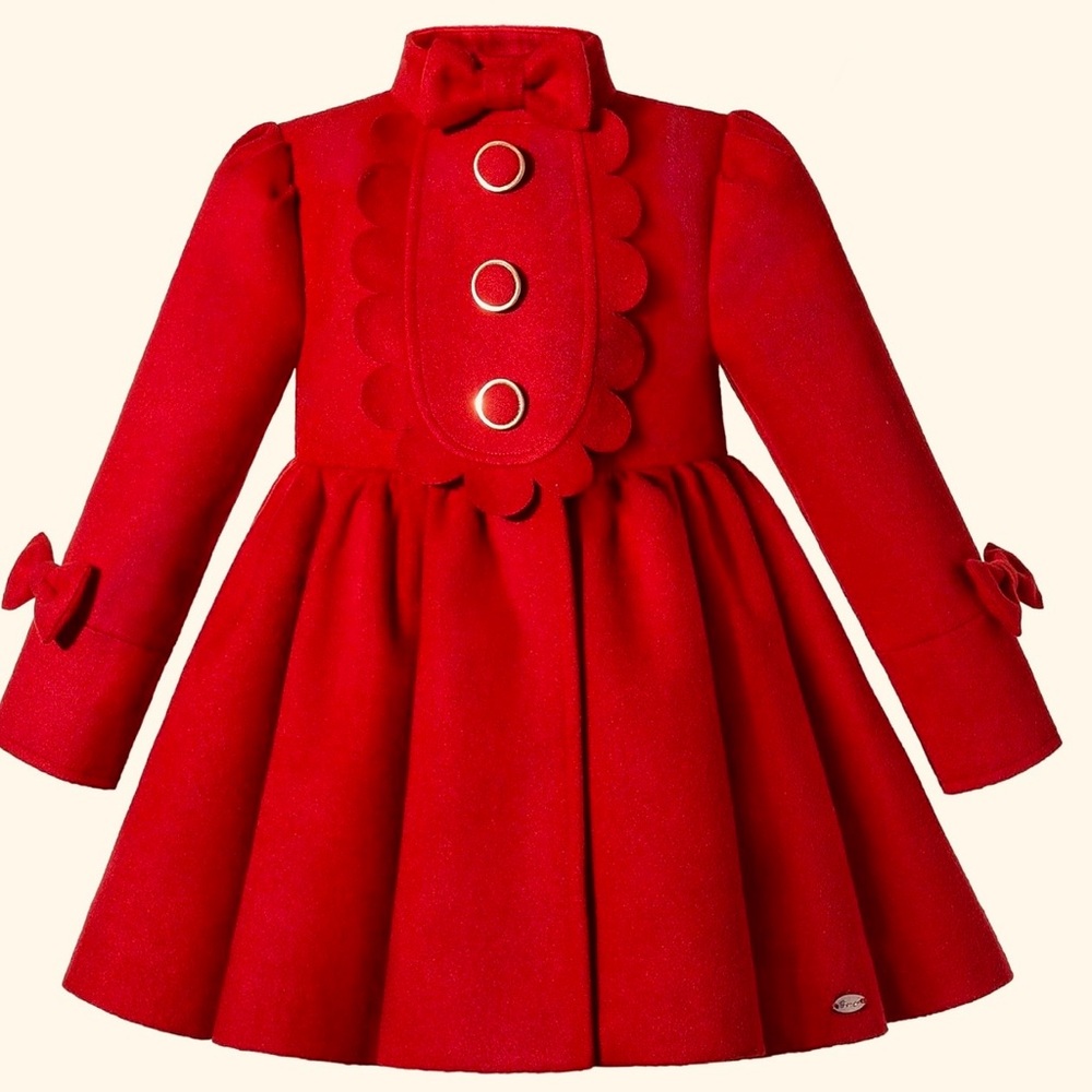 Pettigirl Girls 5 Red Pea Bow Ruffle Scalloped Lined Beautiful Coat